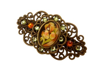 Small hair clip with iris motif orange green bronze colored gift idea girl