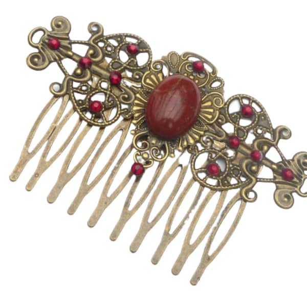 Grand peigne à cheveux en pierres précieuses rouge bronze vintage mariée mariage chignon idée cadeau femme petite amie