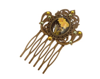 Spring hair comb with daffodils motif antique style hair jewelry bridal accessory gift idea woman