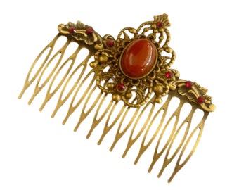 Wide gemstone hair comb with carnelian cabochon vintage bridal wedding hair accessories updo gift idea woman