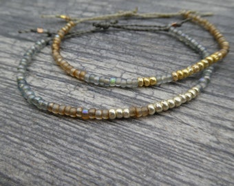 Color Block Seed Bead Friendship Bracelet, Beaded Adjustable Bracelet, Sea Glass Bracelet, Gold and Silver Bracelet, Mixed Metal Bracelet