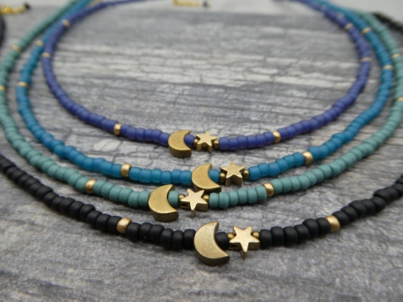 Crescent Moon Star Seed Bead Choker: Celestial Necklace