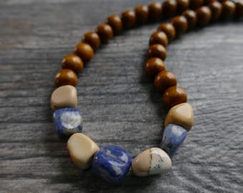 African Bead Necklace, Wood And Stone Necklace,  Sodalite And Mookaite Jasper Necklace,African Style, Mother's Day Gift Idea