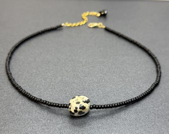 Dalmatian Jasper Choker: Black Seed Bead Necklace, Gold Clasp