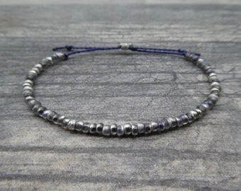 Midnight Sparkle Bracelet, Silver Seed Bead Bracelet, Navy and Silver Bracelet, Friendship Bracelet, Adjustable Bracelet, Etched Finish B