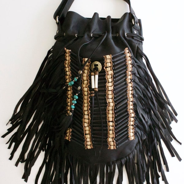 HENDRIX Large Black Leather Tassel Bag - Turquoise Concho, Hand carved Black Bone and Coconut Chest Plate Embellishment