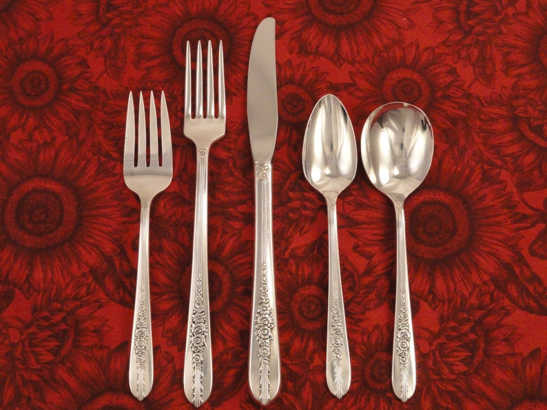 ART DECO Grille Style Place Setting Royal ROSE Vintage 1939 Floral Silverplate Flatware Silver Plate Nobility Plate