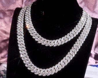 Naszyjnik z łańcuszkiem typu „cuban link” z diamentami i bagietką o średnicy 16 mm, biżuteria hip-hopowa dla kobiet