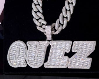 Iced Out Custom Big Baguette Italic Letter Pendant, Number & Name Necklace,20mm Cuban Chain
