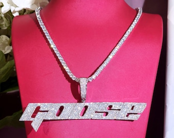Naszyjnik z zawieszką z imieniem i nazwiskiem w kształcie litery Iced Out Slant, łańcuszek tenisowy, biżuteria hip-hopowa