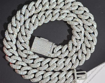 Iced Out Prong Setting Diamond Necklace, 18mm Cuban Link Chain, Hip Hop Jewelry