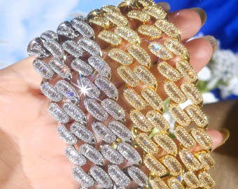 Łańcuszek z ogniwami kubańskimi z mikro-brukowanymi diamentami bagietkowymi o średnicy 15 mm, naszyjnik Iced Out, biżuteria na studniówkę dla kobiet