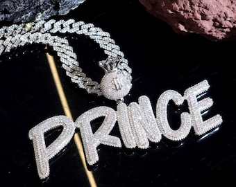Naszyjnik z imieniem Iced Out Money Bag Bail, łańcuszek kubański, zawieszki z imieniem na zamówienie, biżuteria spersonalizowana