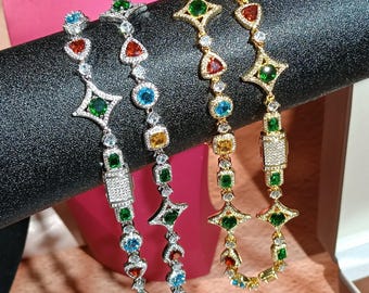 Iced Out Geometric Colorful Diamond Bracelet & Necklace, Star Tennis Chain,Women Necklaces, Wedding Jewelry
