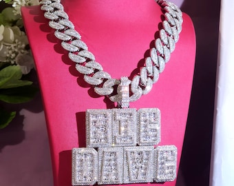 Custom Iced Out Baguette Name Necklace, Square Letter Pendant, Moon Cuban Chain