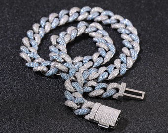 Naszyjnik z kubańskiego łańcuszka Iced Out 14 mm, biało-niebieski, diamentowy choker hip-hopowy, męski, chłopięcy