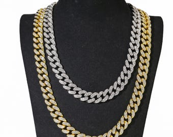 Iced Out 12mm Cuban Link Chain Necklace, Hip Hop Bling Jewelry for Men