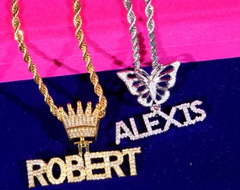 Custom Iced Out Name Necklace, Butterfly&Crown Bail Pendant, Hip Hop Jewelry