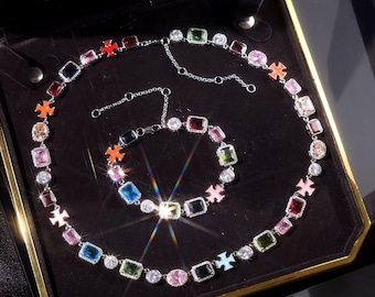 Kolorowy naszyjnik z łańcuszkiem i bransoletką z kamieni szlachetnych – Hip Hop Iced Out Jewelry