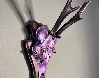 Wall decoration antlers "Magic Eyes" - unique decoration with real skull & horns on wood - occult Wicca witchcraft pagan altar - Halloween