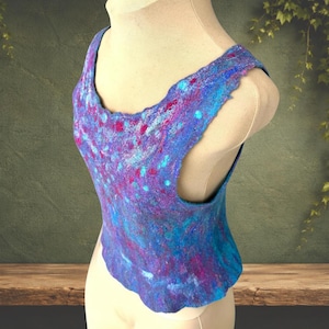 Felted tunic top - colorful merino wool top, size S-M - handcrafted soft sleeveless blouse in purple-blue-turquoise - unique fashion for women