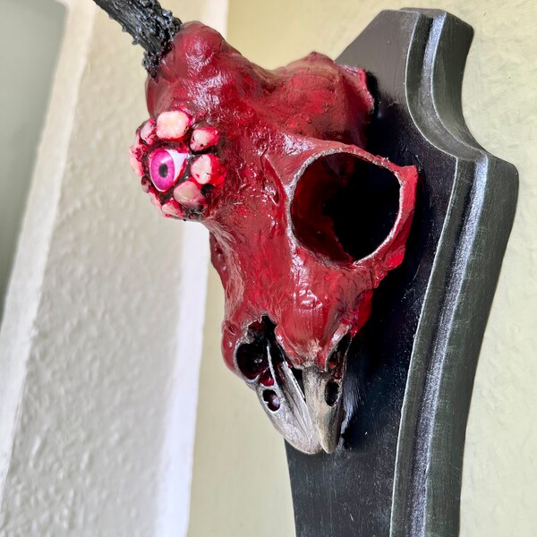 Skurriles Gehörn "Bloody Freak" - Skulptur Wanddeko | Skull | Antler - Unikat mit echtem Schädel auf Holz - Okkult Wicca Hexerei | Trophäe