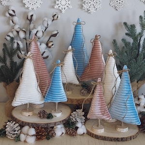 Handmade Set of 3 Whimsical Pastel Velvet Christmas Trees - Pink, Blue & White Holiday Magic with Twine Bows and Wood Slices