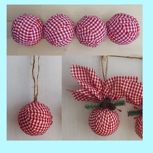 Red and White Gingham Rag Balls and Ornaments, Set of 4, Bowl Filler, Fabric Christmas Ornaments, Holiday Decoration, Farmhouse Ornament