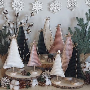 Set of 3 Pleated Velvet Christmas Trees - Green, Pink, White Whimsical Holiday Decor Twine Bows & Birch Bases