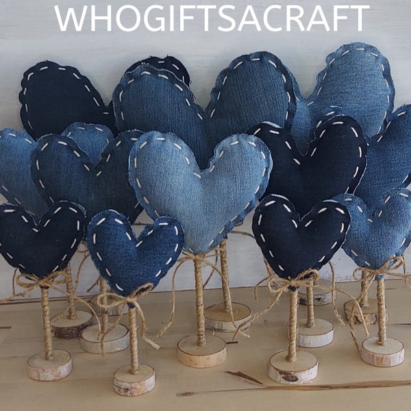 Upcycled Denim Hearts Cute Decorations for Wedding Heart Centerpiece Valentine's Day Mantel Decor for Valentine's Day Heart Blue Demim Decor