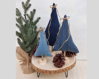 Set of 3 Denim Fabric Trees Farmhouse Tree Decor Reclaimed Denim Decor Woodland Room Decor Rustic Cabin Decor Lodge Shelf Decor