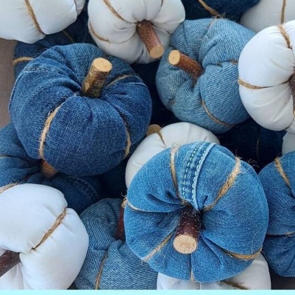 Denim Fabric Pumpkins Jean Pumpkins White Fabric Pumpkins Farmhouse Pumpkin Halloween Decor Rustic Fall Decor Bowl Fillers Tiered Tray Decor