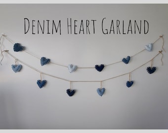 Rustic Upcycled Denim Hearts Banner Garland - 3 Shades of Denim, 6 Adjustable Hearts, 8ft Twine - Valentine's or Everyday Boho Wall Hanging