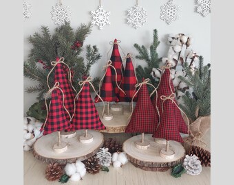 Set of 3 Buffalo Plaid Christmas Trees – Rustic Farmhouse Holiday Decor – Red Black Check Fabric Trees with Wood Base