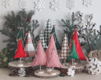 Set of 3 Fabric Christmas Trees Gingham and Buffalo Check Decor Stuffed Trees on Stands Rustic Holiday Decorations for Home or Office