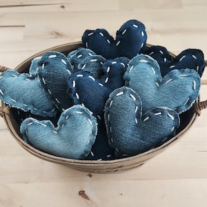 Upcyled Denim Hearts Valentine&#39;s Day Decor Heart Decor Tier Tray Decor Jean Hearts Fabric Hearts Wedding Decor Farmhouse Heart Bowl Filler