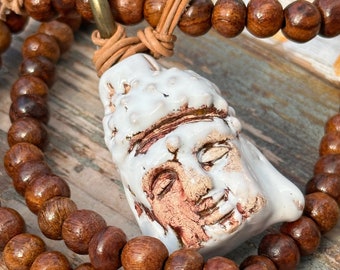 BUDDHA hand-made - long necklace made of wooden beads - boho style - pendant - 88 cm