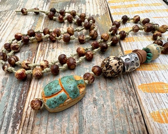 Ceramic scarab - Long seed bead necklace - Necklace - Hippie Style -