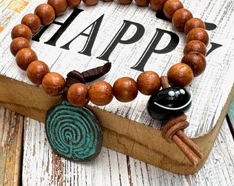 HaPPy bracelet - bracelet made of wooden beads with handmade glass bead -18 cm- smiley bracelet