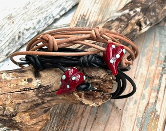 Leather bracelet - wrap bracelet with handmade glass bead - leather bracelet - glass heart