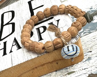 HaPPy bracelet - Stripes - bracelet made of wooden beads with handmade glass beads - smiley bracelet