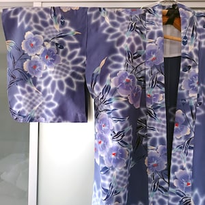 Vintage Japanese Kimono I Summer Robe Long Yukata | Sakura Inspired Blossoms & Sunflower Shibori Motif, Blue Floral, Elegant Wearable Art