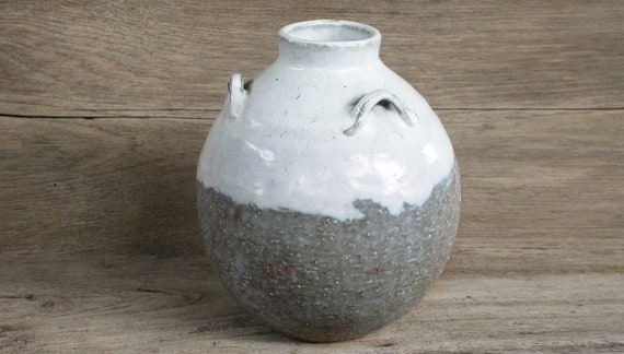 Japanese Ceramic Vase Flower Vase White And Gray Vase Round Etsy