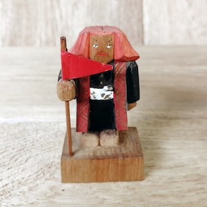 Japanese Vintage Wooden Doll, Wood Carving of Japanese Military Commander Folk Art in Japan