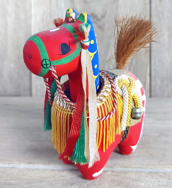 Red Horse Auspicious Figurine, Uma, Japanese Paper Mache
