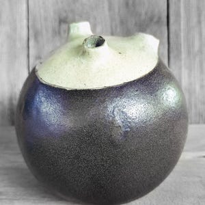 Puede incluir: Una vasija de cerámica hecha a mano con un cuerpo redondeado y una parte superior texturizada de color claro. El cuerpo oscuro y moteado hace la transición a un tono más claro en la parte superior, con un pico y dos pequeñas protuberancias. La cerámica tiene un acabado brillante.