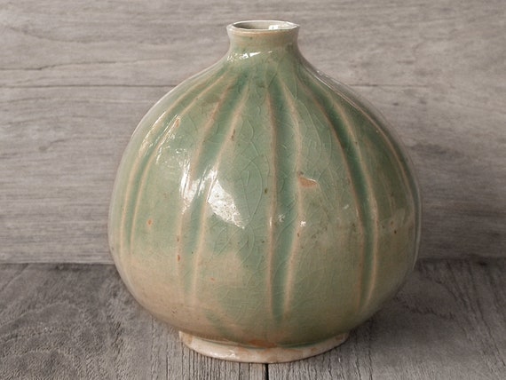 Japanese Ceramic Vase Green Vase Pumpkin Ball Shape Sphere Etsy