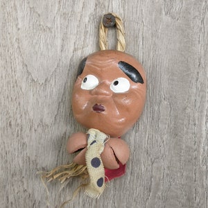Japanese Vintage Clay Bell, Hyottoko Man, Vintage Bell, Lucky Charm, Amulet, Bring Good Fortune. Handmade, Height 3.5&quot; Made in Japan