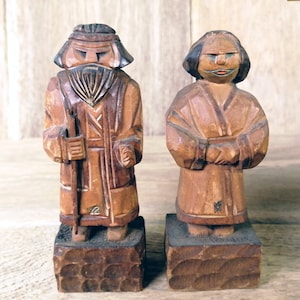 Vintage Wooden Dolls Toy, Folk Farmer Art, Ainu Ekashi of Hokkaido Japan, Man and Woman Dolls Native People, Figure Wood Carved Wedding Gift