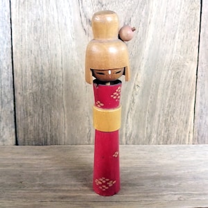 Kokeshi Doll, Vintage Wooden Doll, Japanese Wooden Doll, Japanese Women Wears Red Kimono, Japanese Vintage, Made in Japan.